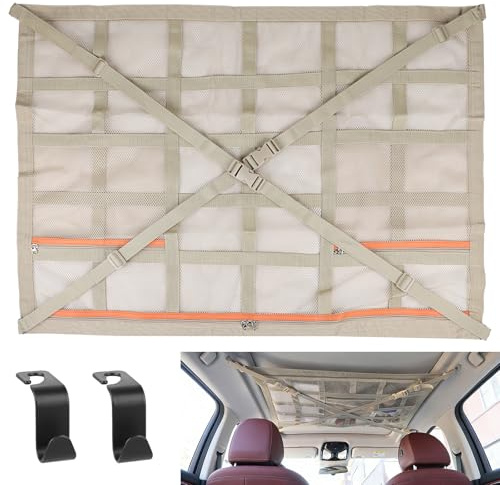 DBREAKS Gepäcknetz Auto Dachgepäcktasche, 90 × 65 cm Universal Doppellagige Autodach Aufbewahrung mit Reißverschluss, Dachnetz Auto Innen, Autonetz Spannnetz für Vier Dacharmlehnen, SUV, Van (Beige)