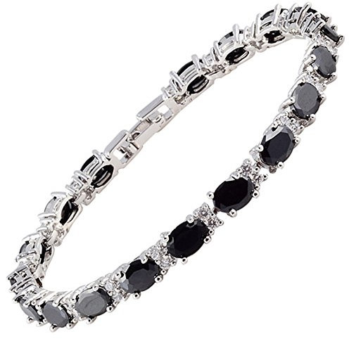 RIVA Ewigkeit Tennis Armband [18cm/7inch] mit Ovalschliff Edelstein Zirkonia CZ [Schwarz Onyx] in 18K Weißgold Vergoldet, Einfache Moderne Eleganz