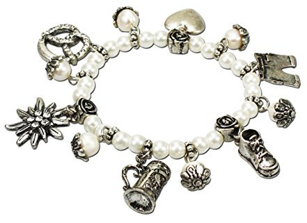 Alpenflüstern Perlen-Trachten-Armband Trachtenzauber - Damen-Trachtenschmuck, elastische Trachten-Armkette mit Anhängern, Perlenarmband creme-weiß DAB041
