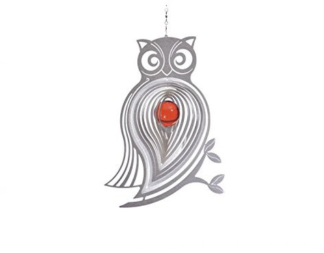 Illumino Edelstahl-Windspiel Eule Athena mit rubinroter 35mm Glaskugel