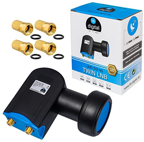 hb-digital LNB LNC Full HD TV 3D 4K Twin Ultra, Schwarz+ Kontakte vergoldet + Wetterschutz (ausziehbar) im Set mit F-Stecker 8,2mm vergoldet