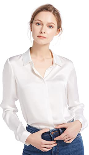 LilySilk Women's Silk Blouse 100% 22MM Silk Button-Down Shirt Long Sleeves Classic Timeless Top for All Seasons Casual Business, Natural White M