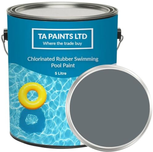T A Paints Ltd Chlorinated Rubber Swimming Pool Paint For Concrete, Primed Fiberglass, Brick & Stone Excellent waterproofing and chemical protection for ponds (5 Litre, BS 18 B 25 Grey)