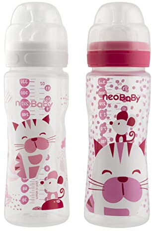 Neobaby Biberon in Polipropilene Collo Largo con Tettarella in Silicone 330 ml, Rosa, Flusso Veloce , 4 Mesi+, 1 Pezzo, 330 milliliters, 09 kilograms, 330 grammo, 1