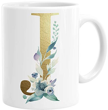 Personalised Initial J Any Letter Gold Shimmer Floral Mug Coffee Cup Tea
