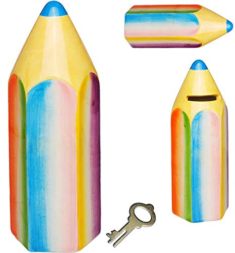 alles-meine.de GmbH 2 Stück große Spardosen - bunter Stift - mit Schlüssel und Schloss - stabile Sparbüchsen - aus Porzellan/Keramik - Verschluss - 16 cm - Sparschwein - Stif..