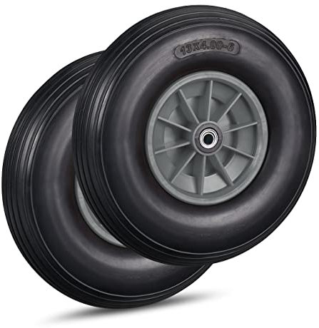 Relaxdays Lot de 2 Roues de brouette Caoutchouc 4.00-6, de Rechange axe, increvable, essieu, 3 adaptateurs, 100 kg, Gris/Noir