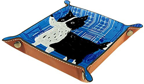 ZORE_FINE5 Faltbare Würfelspiele Tablett Leder Quadratische Schmuckschalen und Uhr, Schlüssel, Münze, Süßigkeiten Aufbewahrungsbox Netter Border Collie Hund Welpe