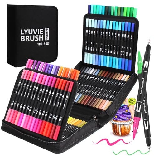 Lyuvie 100 Couleurs Feutres Coloriage Adulte, Aquarelle Stylos Feutres Double Pointe Fine pour Enfants,Feutre Pinceau Marqueur pour Artiste Doodling Mandala Dessin Calligraphie