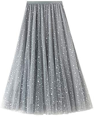 Zukmuk Damen Sternenhimmel Mesh Tutu Rock Pailletten Glitzer Rock Blumendruck Mesh A-Linie Midi Swing Rock, grau, Einheitsgröße