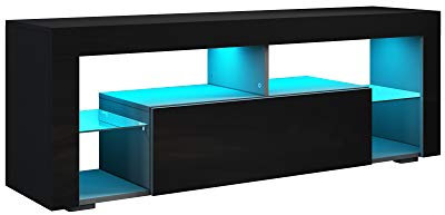 SONNI Mueble TV con Luz LED Regulables de 12 Colores,Mueble de Salón Negro con Estante de Cristal 140x35x50.5cm