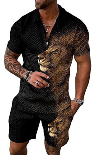 Osheoiso Tuta da Uomo Risvolto Camicia T-Shirt + Pantaloncini con Tasca Casual Set Moda Sportivo Maglietta 2 Pezzi Estate Vintage Polo Camicia da Lavoro B Nero M