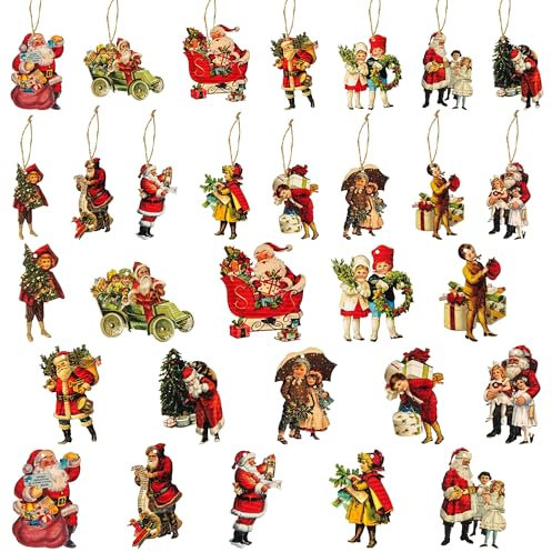 46 Stück Weihnachtsbanner im viktorianischen Stil, Vintage-Weihnachtsmann, Kind-Holzornamente, Dekoration, Themendekoration, Jahrestag oder Weihnachten für Party-Dekoration (Vintage-Stil)