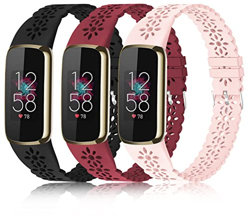 Schlanke Sportarmbänder, kompatibel mit Fitbit Luxe für Damen, weiches Silikon, Spitze, dünn, ausgehöhlt, Ersatzarmbänder, atmungsaktive Bänder für Fitbit Luxe Fitness-Smartwatch, 3 Stück