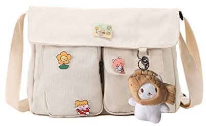 DKIIL NOIYB Kawaii Umhängetasche aus Segeltuch Mit Nadeln und Bären-Anhänger für Mädchen - Lässige Crossbody-Tasche Mit Mehreren Taschen, Schultertasche, Kuriertasche für Schule, Teenager