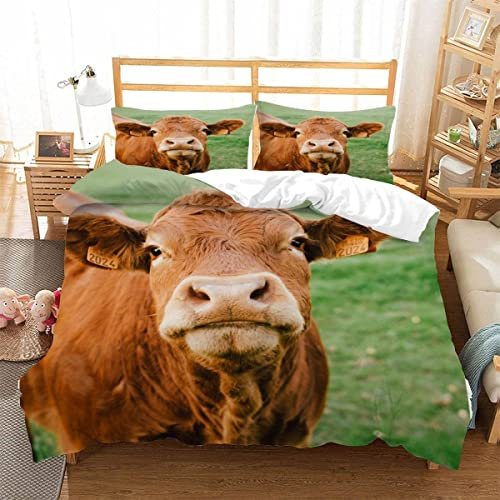 Kuh-Muster Bettwäsche 135×200 Weiche Mikrofaser 3D Druck Braune Kuh Bettbezug mit Reißverschluss Für Kinder Zimmer Dekor Jungen Mädchen 3 Teilig Bettwäsche Set mit 2 Kissenbezüge 80×80 cm