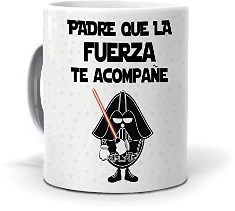 mundohuevo. Taza con Frase “Que la Fuerza te acompañe”. | Regalo Original| Capacidad de 350 m| Regalo para Fans de Star Wars.| Taza de cerámica Blanco| Película| Ciencia Ficción | Regalos para Amigos
