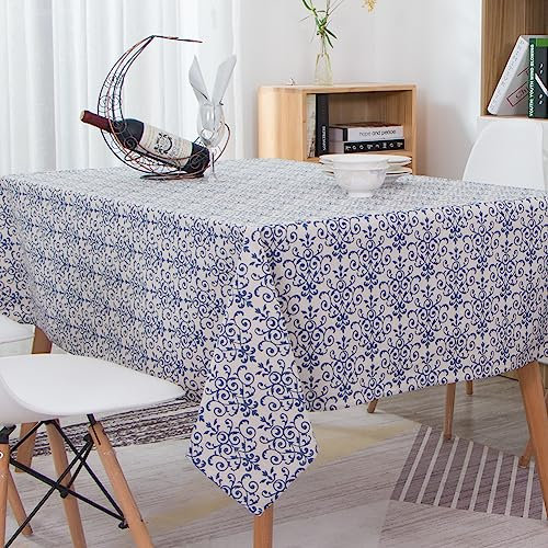 Novetec Tischdecke Blau und Weiß Porzellan Leinenoptik Quaste Tischtuch Abwischbar Fleckschutz Leinendecke Tischwäsche für Draussen Garten Esszimme