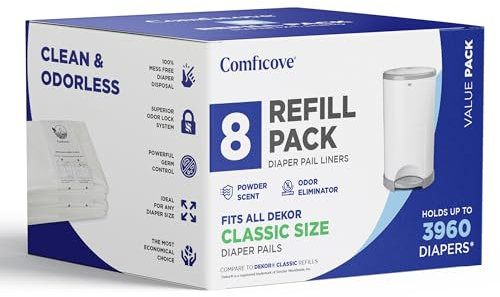 Comficove Nachfüllpackungen kompatibel mit DEKOR Classic Windeleimern, 8 Stück, extra dicke Windeleimer-Nachfülleinlagen, frischer Duft, einfach zu ersetzen und zu entsorgen, geruchlose Entsorgung von
