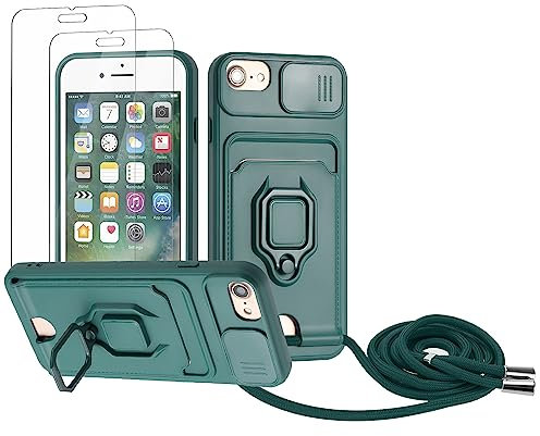Zallagre Cordon de Coque Compatible avec iPhone 6 Plus/6S Plus/7 Plus/8 Plus,[2 Pièces] Verre Trempé,Lentille Coulissante Couverture,360 Degrés Bague Rotatif Support,Fentes pour Cartes-Vert foncé