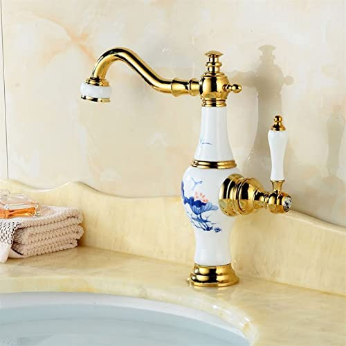 Küchenarmaturen, Eleganter Wasserhahn Aus Porzellan Und Messing, Badezimmer-Waschtischarmatur Mit Rosen-Finish, Luxus-Waschtischarmatur, Waschtischmischer, Wasserhahn Für Balkonwäsche (Golden)