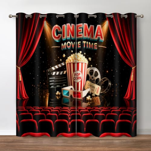 Jekeno Popcorn-Film-Schindel-Verdunkelungsvorhänge, Kino-Hintergrund, Druck, Vorhänge, Dekoration, Zuhause, Wohnung, Schlafzimmer, Wohnzimmer, Verdunkelung, Ösen, Fensterbehandlungen, 2 Paneele, Rot,