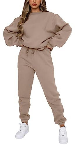 PDYLZWZY Jogger Sets für Damen 2 Stück Trainingsanzug Outfits Langarm Pullover Sweatshirt Hose Set Trainingsanzug (Khaki, S)