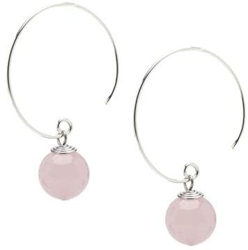 Boho Silver Hoop Earrings with Natural Gemstone Beads | Handmade Sterling Silver Dangle Drop Earrings for Women (Pink Rose Quartz)