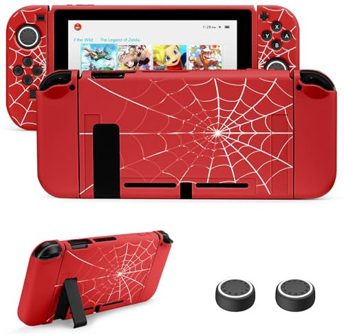 JINGDU Schutzhülle Kompatibel mit Switch 2017, TPU Case Zubehör für Switch Console und Grip Joy-Con, Switch Protector mit 4 Daumengriffen, Rot Spinnennetz