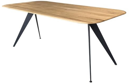 Lomadox Tisch Esstisch 180x90cm mit runder Kante, Wildeiche massiv geölt, Metallfußgestell