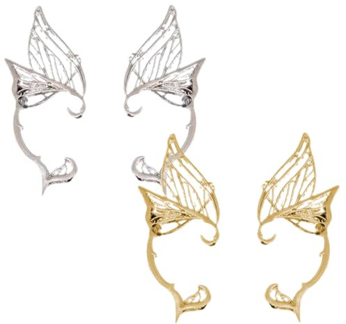 LuLiyLdJ 2 Paare Elfen Ohrringe für Damen, Ohrclips Damen Ohne Ohrlöcher, Elfenohren Ohrringe Erwachsene, Elfen Ohren für Elben Kostüm Feenkostüme Frauen Cosplay Kostüm (Gold, Silber)