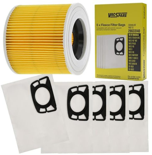 Vacspare Kit de servicio de 5 bolsas de polvo de forro polar y filtro de recipiente compatible con aspiradoras húmedas y secas Karcher WD2, WD3, KWD1