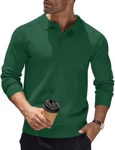COOFANDY Men's Green Solid Color Long Sleeve Polo Neck Thermal Knit Fabric Regular Fit Polo Jumper