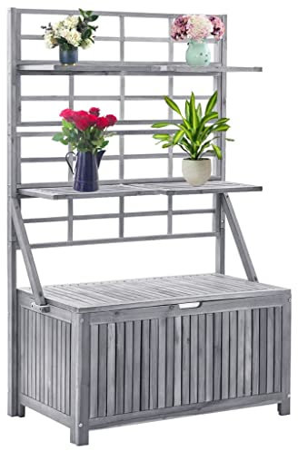 Willood Aufbewahrungstruhe mit Rankgitter Aufbewahrungsbox mit Spalier Kissenbox Auflagenbox Blumenregal Gartenbox Gartentruhe Pflanzenregal 99x55x160cm Massivholz Akazie Grau