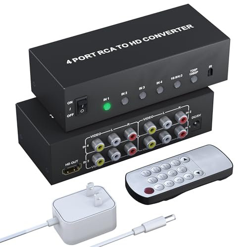 4 Port RCA zu HDMI Converter Adapter - 1080P/720P RCA Composite CVBS AV zu HDMI Adapter Video und Audio Konvertierung 4:3/16:9, für TV Xbox PS1 PS2 PS3 N64 NGC SNES WII VHS VCR Kamera DVD