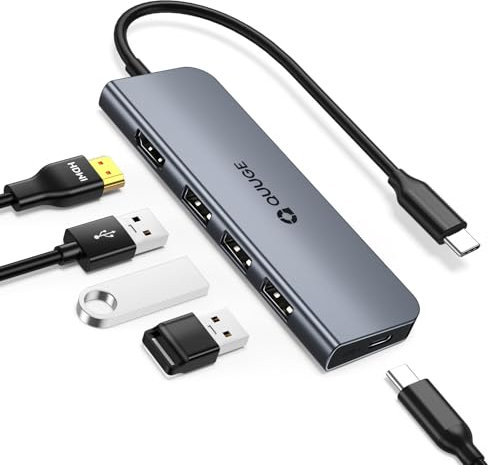 Hub USB C 5-en-1,QUUGE Adaptateur USB C vers HDMI 4K avec Port USB-C 100W PD, Ultra-Rapide 3 USB-A 3.0 5Gbps, Compatible avec MacBook Air/Pro, Mac Mini M4, ipad Pro Air