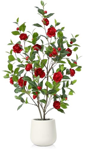 Fopamtri Albero di Camelia Artificiale da 120 cm Piante Finte da Interno con 30 fiori, Camelia Artificiale con in Vaso Bianco, Realistici per Interni Decorazione (Rosso)
