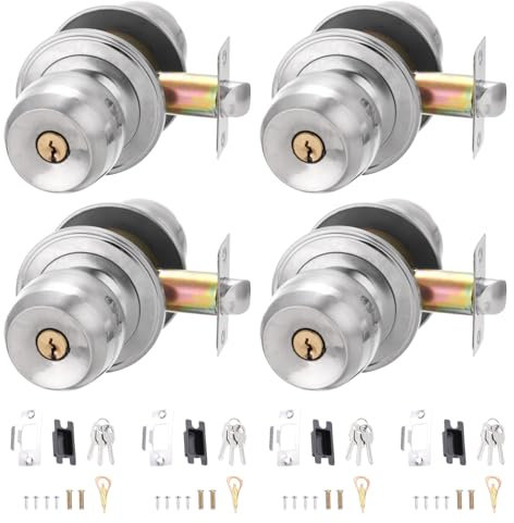 PATIKIL Key Entry Door Knobs Interior 60mm/2.4inch, 4 Pack Round Stainless Steel Bedroom Bathroom Door Knob with Copper Lock Entry Indoor Outdoor Door, Silver