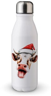 MAXIKIWI - Borraccia a parete singola con tappo a vite, in alluminio leggero non isolato, senza BPA, a prova di perdite, motivo: mucca natalizia divertente, 500 ml