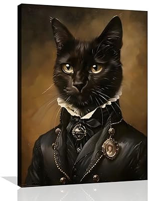 OWNANRTHM Katzenporträt-Wandkunst, lustiges Poster mit schwarzer Katze, Gothic-Katze, Wandkunst, viktorianische Renaissance, Kätzchen-Drucke, Gothic, Halloween, Akademie, Kätzchen, Gemälde für