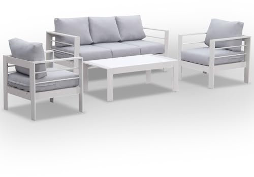 LANOX Aluminium Gartenmöbel Set Gartenlounge-Set Loungeset für 4-5 Personen Terrasse Balkon, wetterfest Sitzgruppe Essgruppe Gartengarnitur (4-TLG., 1×3-Sitzer Sofa, 2×Sessel, 1×Tisch, 10×Auflagen)