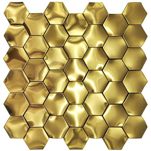 Elephantile 3D Gold Wall Panels Hexagon Metal Tile Gold Backsplash Tiles for Kitchen & Bathroom [Set of 5]