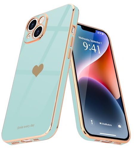 Teageo Kompatibel mit iPhone 14 Hülle, Süße Herzmuster Mädchen Handyhülle Luxuriös Galvanisierte Weich TPU Kameraschutz Kratzfest Stoßfest Schutzhülle Bumper Phone Case für iPhone 14, Juwel Grün