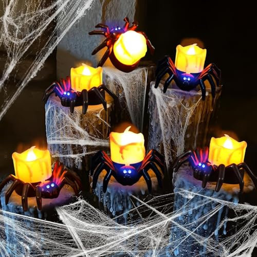 Halloween Deko Innen Outdoor, 6 Stück Spinne Halloween Kerze LED Halloween Teelicht Flammenlose Halloween Kerzenlichter Halloween Dekoration Halloween Candle Halloween Laternen für Halloween Party