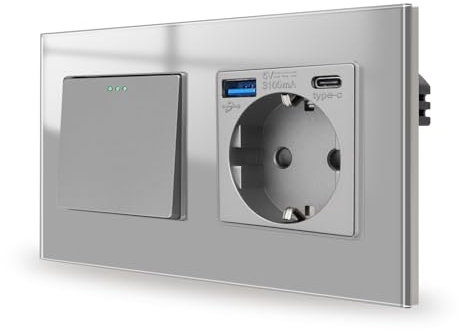 JIMEIDA Lichtschalter mit Steckdose 20W Schnellladung Grau mit USB Ports (USB A und Type C) Unterputz 1 Fach 1 Weg Glas Steckdose Taste Schalter 157 * 86MM,10 Amp,250 V