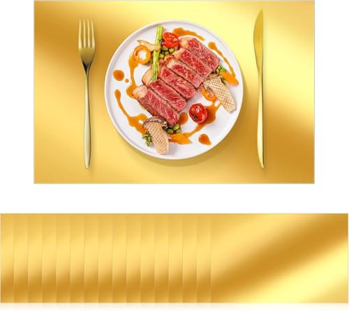 KesaPlan 100 Pcs Disposable Rectangle Gold Placemats, 12x 17 Mirrored Paper Chargers for Dinner Plates, Waterproof Gold Charger Place Mats, Wipeable Dining Table Placemats for Party Wedding Holiday