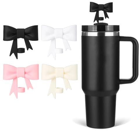 HIUSITY Cubierta de popote de lazo negro para taza Stanley, tapa de popote beige de silicona para vaso con asa de 40 onzas, bonita tapa de paja de 10 mm, tapas de popote reutilizables para accesorios