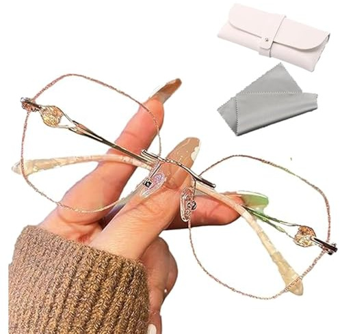 Generisch Damen-Diamant-Randlose Anti-Blaulicht-Presbyopie-Brille, Stilvolle quadratische randlose Lesebrille mit Strasssteinen für Damen, blaues Licht, Gegen Überanstrengung der Augen (Gold,2X)
