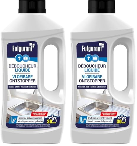 Fulgurant - Déboucheur Soude Caustique, Entretien, Salle de Bain, Baignoire, Douche, Formule Préventive, 900 ml (Lot de 2)