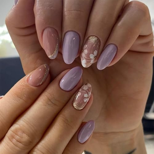 24pcs Short Almond Press on Nails Violet French Tip False Nails White Flower Pink Purple Fake Nails Glitter Gold Stick on Nails Removable Glue-on Acrylic Nail Tips Spring Summer Accessories for Women